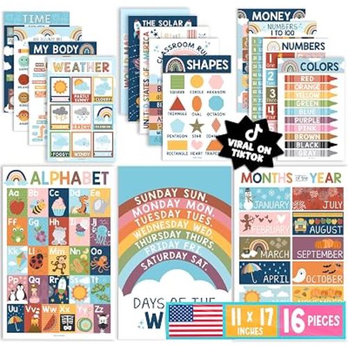 Hadley Designs 16 Educational Posters for Classroom Decor - Boho Educational Posters for Toddlers 1-3, Toddler Learning Posters for Kids Ages 3-5, Kindergarten & Preschool Classroom Must Haves