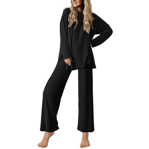 Ekouaer Lounge Sets for Women Long Sleeve Pajamas 2026 Loungewear Soft Comfy Pjs Two Piece Travel Outfits Set