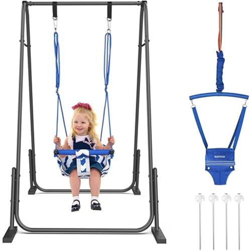 Slevoo 2 in 1 Baby Jumper and Swing, Toddler Swing Set with Foldable Stand, Ages 6 Months to 6 Years, for Indoor and Outdoor Fun, Blue
