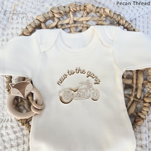 Embroidered New to the Gang ONESIES® brand, Surprise to Family, Friends, Pregnancy Announcement ONESIES® brand, Biker Bodysuit, Misc295
