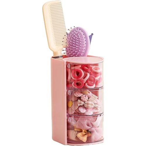 Hair Accessories Organizer with Hair Brush Holder, 3 Drawer Rotatable Hair Tie Organizer for Makeup Brushes, Hair Clips, Earrings, Necklaces, Bracelets and Hair Accessories, Pink, 3-Layer