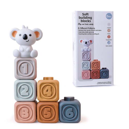 BUTOMKY 6PCS Silicone Soft Baby Blocks - Montessori Teething & Stacking Toys, Educational Squeeze Play with Numbers/Animals/Shapes, Ideal for 6 Months+ Toddlers