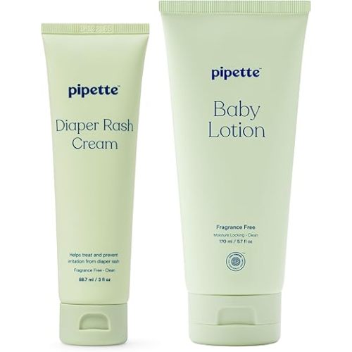 Pipette Fragrance Free Sensitive Skin Soothers Set, Pack of 2, Includes Fragrance Free Baby Lotion and Diaper Rash Cream, Baby Lotion for Newborn, Sensitive Skin, and Kids, Non-Toxic, Hypoallergenic