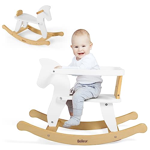 Belleur Rocking Horse for Kids 1-3 Years Old, Wooden Rocking Toy for Toddlers with Removable Fence for Indoor & Outdoor Activities, Baby Horse Riding Toy for Birthday & Visit Gifts