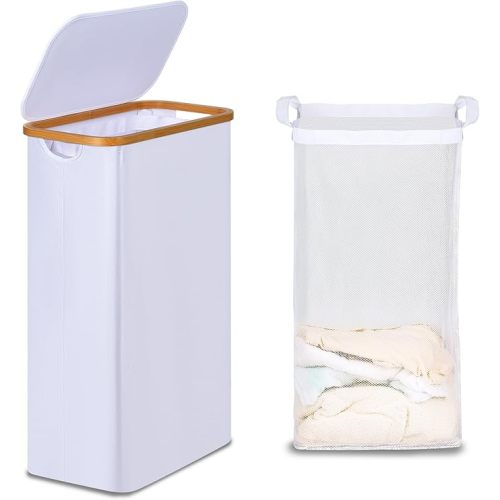 efluky Slim Laundry Basket with Lid, Narrow Laundry Hamper with Removable Bag, Skinny Dirty Clothes Basket with Bamboo Handles for Bathroom, Bedroom & Laundry Room, 75L White