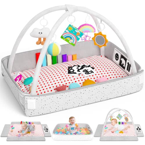Baby Play Gym Mat Tummy Time Mat with 5 Detachable Items Baby Essentials | Babies Activity Center, Newborn Infant Boy Girl Gifts, Babies 0-3-6-9-12 Months, Newborn Essentials Must Haves