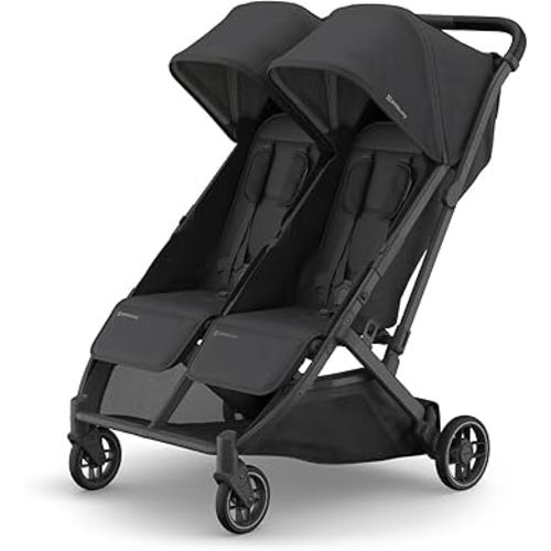 UPPAbaby Minu Duo Side-by-Side Double Stroller - Lightweight + Compact Design for Travel - Easy Fold- from Birth to Toddler - Independent Recline - Jake (Charcoal/Carbon Frame/Black Leather)