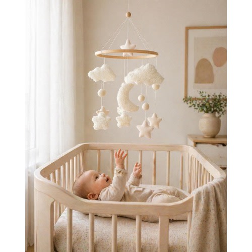 Handmade Neutral Cloud Moon Baby Mobile, Boho Nursery Decor, Baby Shower Gift.