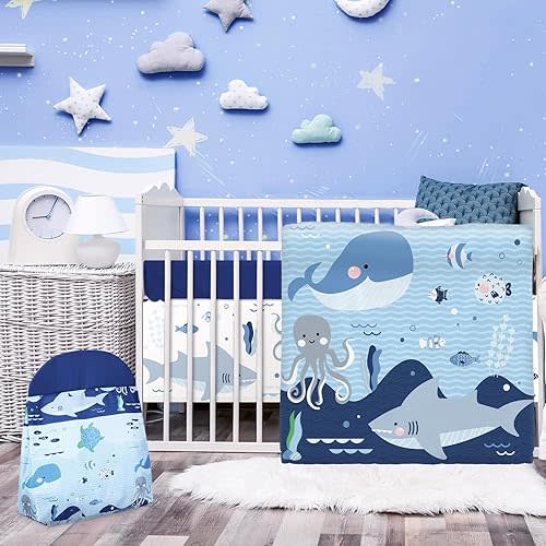 Rtteri 4 Pieces Baby Crib Bedding Set, Nursery Bedding Standard Size Soft Baby Bedding Set Including Crib Skirt, Blanket, Sheet and Diaper Stacker for Girls and Boys(Whale)