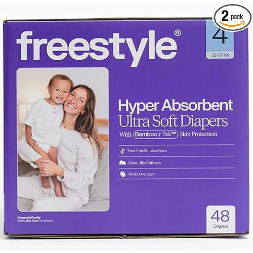 Freestyle BambooTek Diapers – (Size 4) Hyper Absorbent & Non-Toxic – Disposable Diapers for Sensitive Skin – Ultra Soft Diaper's (22-37 lbs) – 48 Count