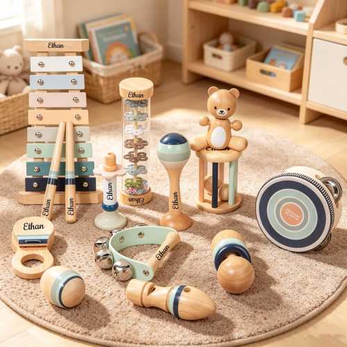 Personalized Wooden Musical Instrument Set, Custom Name Montessori Music Toys, Baby Rattle & Xylophone Gift, Wooden Sensory Toy for Toddlers