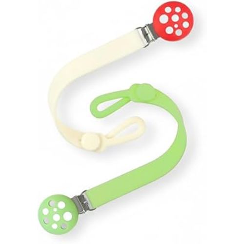 RaZbaby Chompy Silicone Pacifier Holder Clip Set – 2 Pack Textured, Soft & Flexible Binky Clips with Universal Fit, One-Piece Design, BPA-Free, Durable & Lightweight for Babies 0M+, Red/Green – 2 Pack