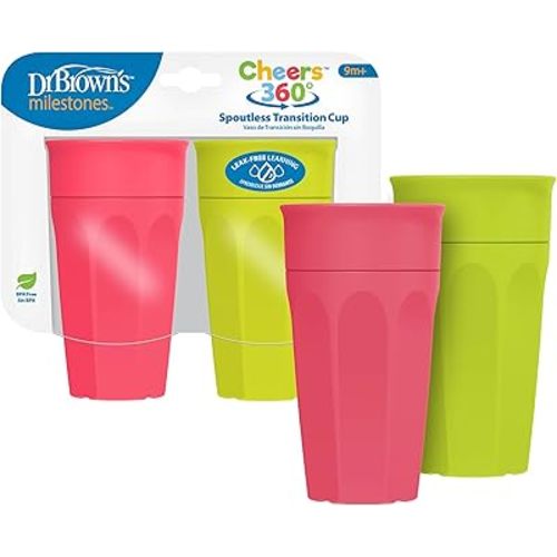 Dr. Brown's Milestones Cheers 360 Spoutless Transition Cup, Travel Friendly and Leak Free Sippy for Babies and Toddlers, Green and Pink, BPA-Free, 10 oz/300 mL, 9m+