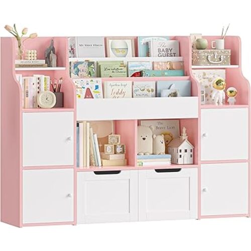 FINETONES Toy Storage Organizer, Large Toy Organizers and Storage with 8 Storage Cubbies and 2 Movable Drawers, Toy Shelf Organizer with 4 Display Shelves, 3-Tier Kids Bookshelf and Toy Storage