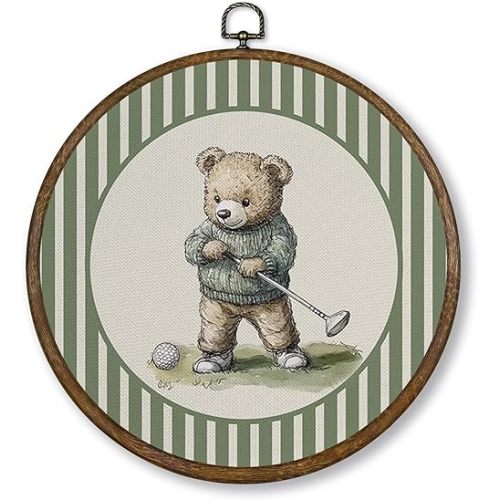 Qskjre Vintage Bear Nursery Golf Wall Art Decor, Sage Green Striped Golfing Sports Round Wood Framed Canvas Picture Wall Artwork, Trendy Hanging Prints for Boys Room Toddler Playroom Decorations,10x10