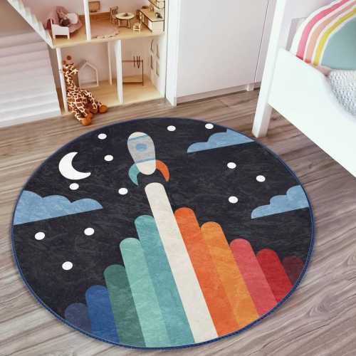 Space Rocket Kids Rug, Nursery Room Space Patterned Round Rug, Baby Room Non Slip Washable Floor Carpet