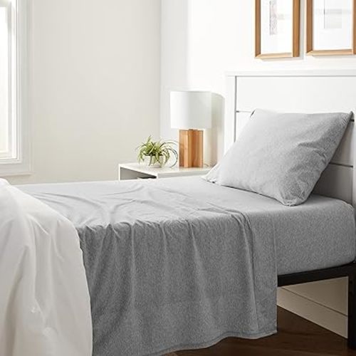 Amazon Basics Breathable, Stretchy 100% Cotton Jersey Knit 3 Piece Bed Sheet Set with Deep Pockets, Flat and Fitted Sheets, Pillowcase, Machine Washable, Twin, Light Gray, Solid