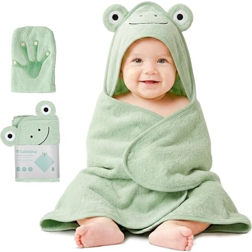 CuddleBug Premium Hooded Baby Bath Towel & Washcloth Set (Bear) - 100% Cotton Terrycloth Hooded Baby Towels for Newborn & Toddler - Super-Soft & Absorbent, Newborn Essentials (30" x 30") - Sage Green