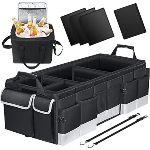 Oasser Trunk Organizer with Cooler Bag, Large Collapsible Car Trunk Organizer for SUV with Multi Compartments, Car Storage Grocery with Lid (Extra Large, Black&Grey)