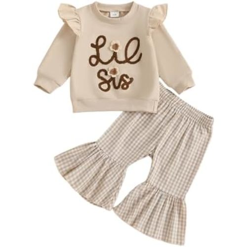 Toddler Baby Girl Clothes Big Sister Little Sister Matching Outfits Striped Waffle Flying Sleeve Fall Winter Set