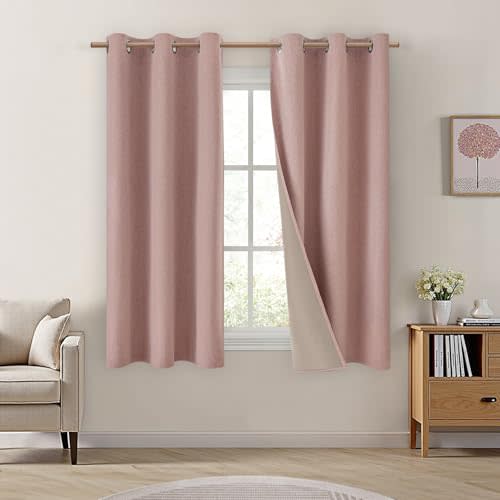 HOMEIDEAS Blush Pink 100% Blackout Curtains 42 X 63 Inches Long, Thick Faux Linen/Linen Blend Textured Window Drapes, Cute Room Darkening Grommet Curtains for Girls Bedroom, Nursery, Living Room