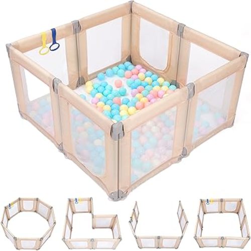 Dripex Portable Folding Playpen, 49"×47" Compact Baby Playpen, Indoor/Outdoor Safety Gate with Dual Gates & Breathable Mesh, Khaki