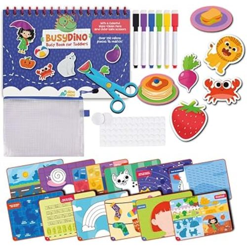 BusyDino - Busy Book for Toddlers 3-5 - Toddler Activity Book with Cutting Activities - Montessori Toys for 3 Year Old - Includes Child-Safe Scissors and Wipe-Clean Markers