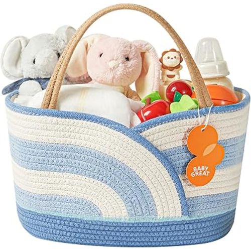 Portable Diaper Caddy Organizer - Large Cotton Rope Storage Basket for Newborn Essentials, Baby Shower List for Boys & Girls (Blue & White)