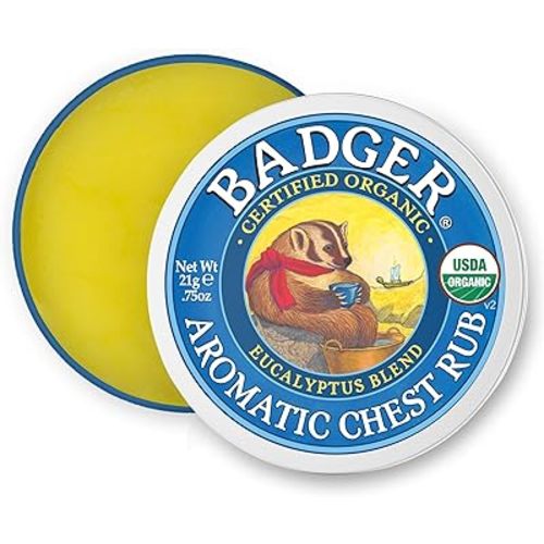 Badger Aromatic Chest Rub, 100% Organic Vaporub w/Eucalyptus & Lavender Essential Oils to Clear & Soothe, All-Natural Chest Congestion Relief for Adults & Kids, .75 oz Tin