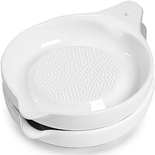 Ceramics Grater Plate for Ginger, Garlic, Onion, Cheese, Lemon, Chocolate, Vegetables and Fruits for Kitchen, Set of 2, White