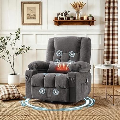 Swivel Rocker Recliner Chair with Vibration Massage and Heating Functions for Adults,Oversized Recliner Single Sofa with Side Pocket,Two Cup Holders for Living Room and Bedroom