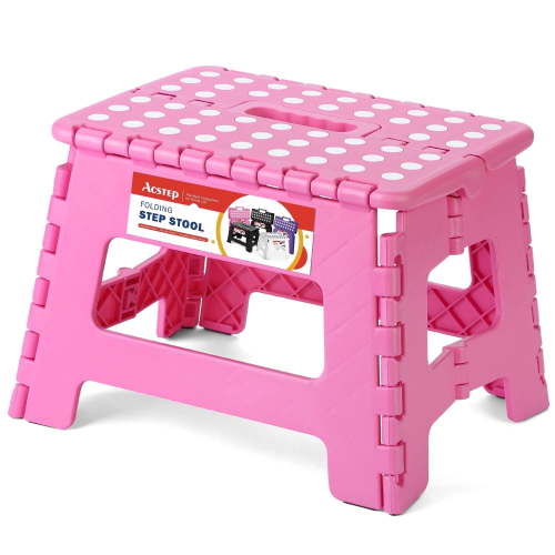 ACSTEP Folding Step Stool 9'' Non-Slip Folding Stools with Portable Handle for Adults Holds up to 300 lbs, Plastic Foldable Step Stool for Bathroom, Bedroom, Kitchen, Pink