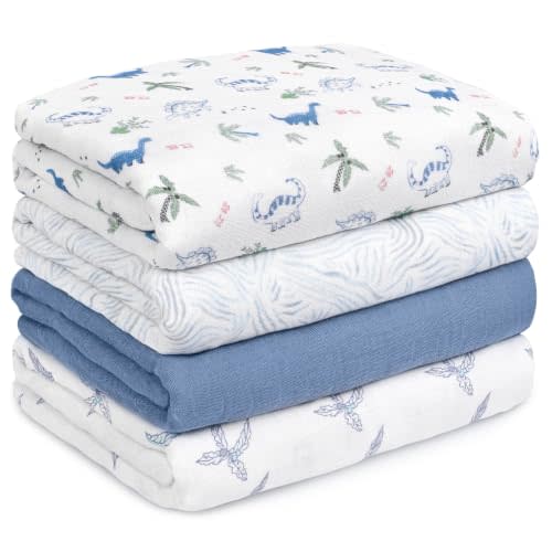 GLLQUEN BABY Muslin Swaddle Blankets 4Pk Receiving Blanket Large 35" x 40" | Soft Cotton Baby Blankets for Girls Boys Breathable Nursery Swaddles for Newborns, Baby Essentials Shower Gift, Dinosaur