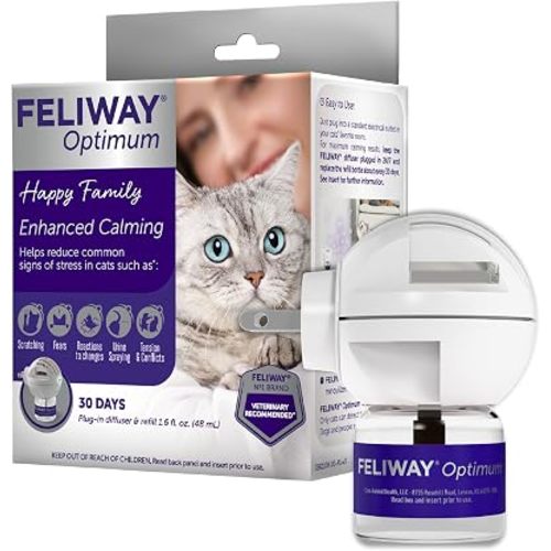 FELIWAY Optimum Cat Calming Diffuser Kit – Advanced Support to Help Reduce Urine Spraying, Scratching, Fighting and Hiding due to Stress – 30‑Day All in One Cat Pheromone Plug In Diffuser