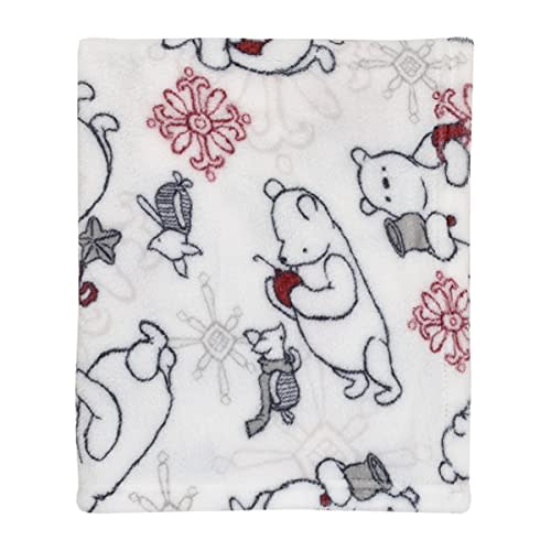 Disney Classic Winnie The Pooh White, Red, and Green Holiday Christmas Piglet, Snowflakes and Bells Super Soft Baby Blanket