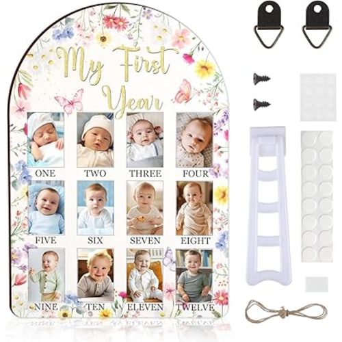 Wildflower My First Year Photo Frame, Flower Baby's First Year Wooden Picture Frame Pink, Newborn 12 Months Milestone Memories Display Wood Board for 1st Birthday Decorations Keepsake Gift