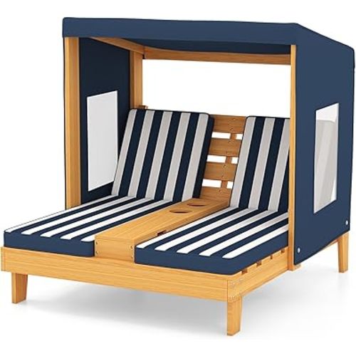 COSTWAY Kids Double Chaise Lounge Outdoor, 2-Seat Patio Lounge Chair with Cup Holders & Cushions, Kids Pool Lounger with Canopy, Wood Patio Furniture for Children Boys Girls 3 Year Old (Navy)