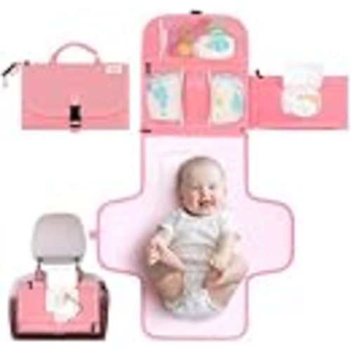 Kopi Baby Portable Diaper Changing Pad with Wipes Pocket, Premium Pink | 22-In Waterproof Pad, Reversible Wipes Pocket, 1 Zipper Pocket, 2 Large Pockets, Extra Inner Pocket, Built-In Pillow, Straps