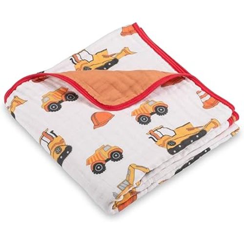 LollyBanks Muslin Baby Quilt, 6-Layer 100% Cotton Baby Blanket 47”x47”, Soft, Lightweight and Breathable Muslin Quilt for Infants and Toddlers, Cozy Crib Blanket for Boys (Construction Print)