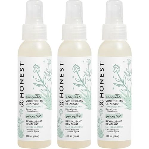 The Honest Company Fragrance-Free Conditioning Hair Detangler Tear-Free Hypoallergenic Leave-In Conditioner and Fortifying Spray for Sensitive Skin 4 fl oz (Pack of 3)