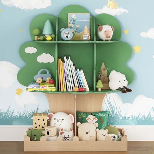 Curipeer 3-Tier Kids Bookshelf,Toy Storage Organizer for Kids Rooms,Green Tree with Bottom Fence