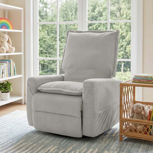 GASEE Baby Upholstered Glider Recliner Rocking Chair 360° Swivel for Nursery and Living Room – Corduroy Light Gray