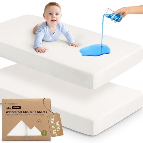 2-Pack Waterproof Pack and Play Sheets, Mini Crib Sheets Fitted for Boy, Girl - 38 x 26 Viscose from Bamboo Pack N Play Mattress Sheets for Graco, Toddler Playard Baby Crib Sheets Neutral (Foxtrot)