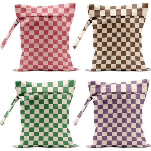 4 Pack Cute Wet Bag Waterproof Washable Reusable Wet Dry Bag for Swimsuit Dirty Clothes Diaper Travel Pool Yoga Gym Birthday Party Camping Toiletries Travel Beach Essentials, Colorful Checkered