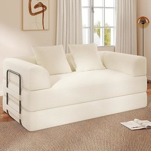 Cloud Boneless Convertible Floor Sofa Bed, 70" 4-in-1 Foldable Compressed Loveseat Lounge Sleeper 2 Seater Couches, High-Density Sponge & Corduroy Fabric Futon Daybed for Living Room Bedroom(Beige)