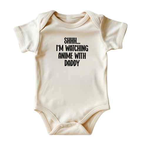 Shhh... I Am Watching Anime with Daddy Baby Bodysuit •  Cute Anime Baby Onesies® • Natural Color Baby Clothing • Black Ink • Printed in USA