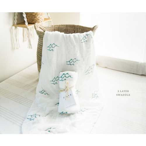 Wave Baby Blanket or Swaddle, 100% Organic thick Bamboo + Cotton Muslin, Ocean Nursery Decor, Surfer Newborn Gift, Beachy, Coastal, Nautical