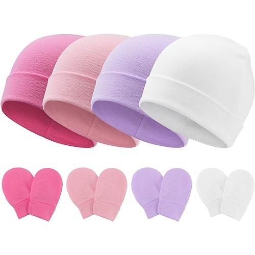 Newborn Baby Hats and Mittens Set Infant Beanie Cap Toddler Gloves Newborn Hospital Hats for Baby Boy Girl Kid 0-6 Months