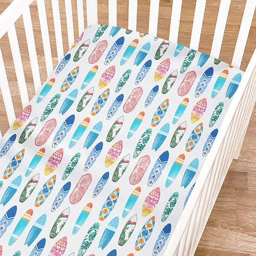 Colorful Surfboards Baby Crib Sheets for Boy Girl 52"x28" Hawaiian Tropical Beach Surfing Soft Crib Mattress Covers Boho Summer Ocean Sports Baby Sheets for Standard Crib and Toddler Bed Mattresses