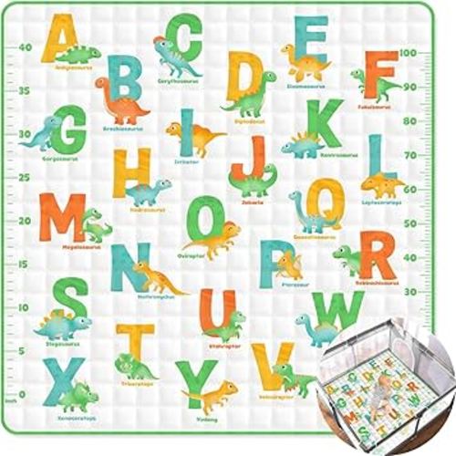 Percozzi Dinosaur Baby Play Mat, ABC Alphabet, Words and Shapes Educational Learning & Fun, 50" Baby Playpen Mat, Toddler Play Mat, Crawling Mat for Babies, Foldable and Washable Baby Play Gym Mat